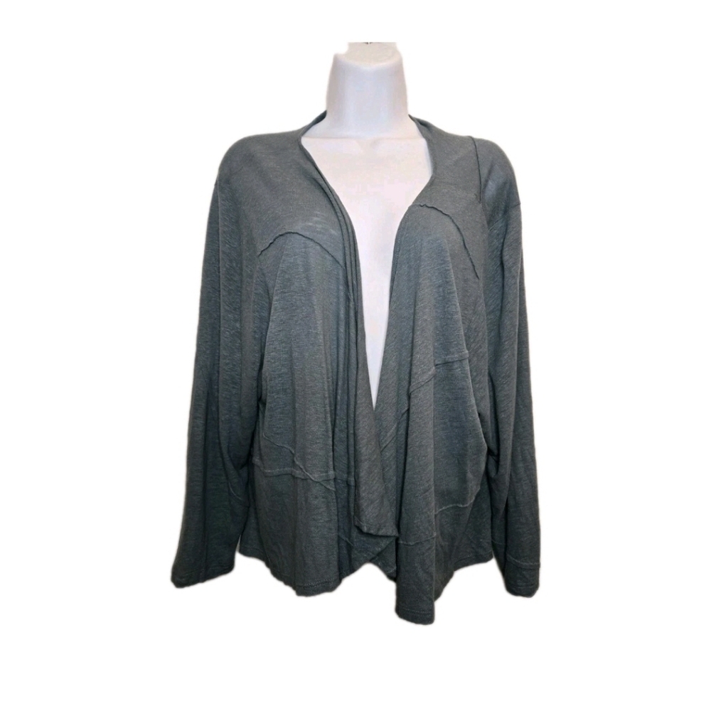 Lisa Bayne L Dusty Blue Teal Linen Rayon Blend Cardigan Open Front Large